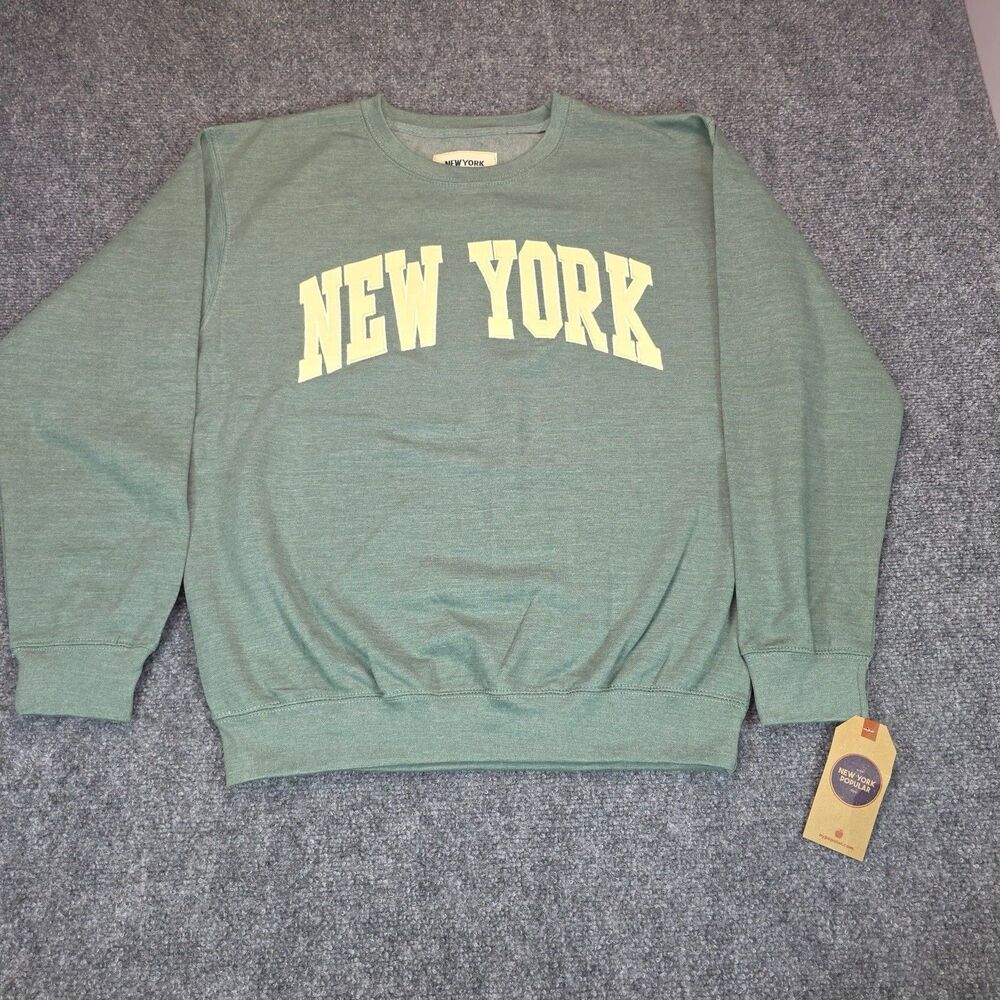 New York Popular Crewneck Sweatshirt Green Embroidered Spell Out Pullover Men's